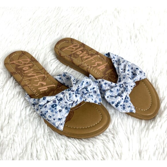 Blowfish Malibu Women's Sandals Anina Blue Floral Brown Bow Tie Slides - Picture 1 of 9